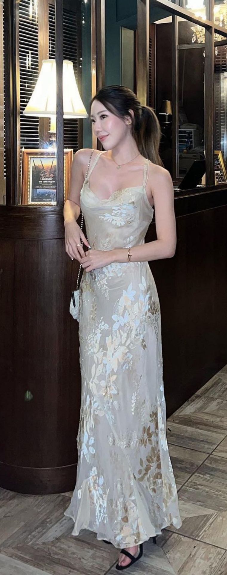 Glimmer vintage evening gown, silver jacquard, full length