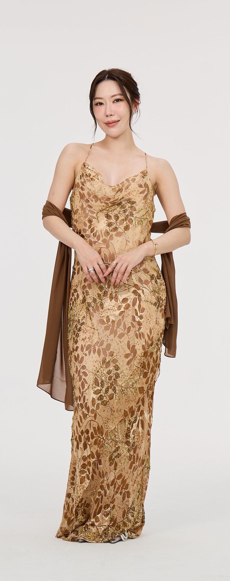 Jora Collection Cream, Gold, Brown Evening Gown C14